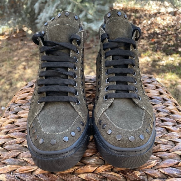 Olive Brown Bronze Studded Suede Platform Lace Up Street Ankle Boot - Picture 2 of 11